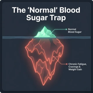 Normal blood sugar trap illustration showing hidden insulin resistance causing fatigue, cravings, and weight gain