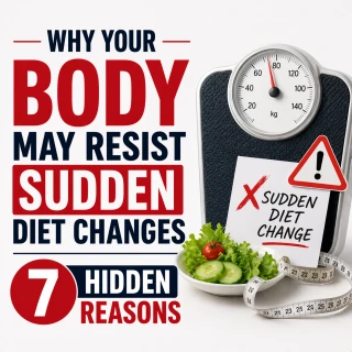 Clean square thumbnail showing weighing scale, healthy food plate and warning sign illustrating why the body resists sudden diet changes and highlighting hidden reasons