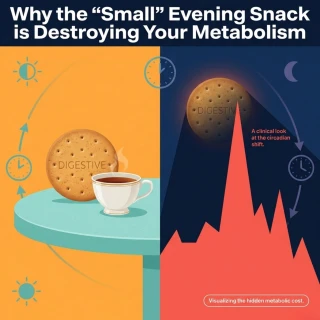 Evening snacking impact on metabolism showing circadian rhythm disruption and digestive timing imbalance
