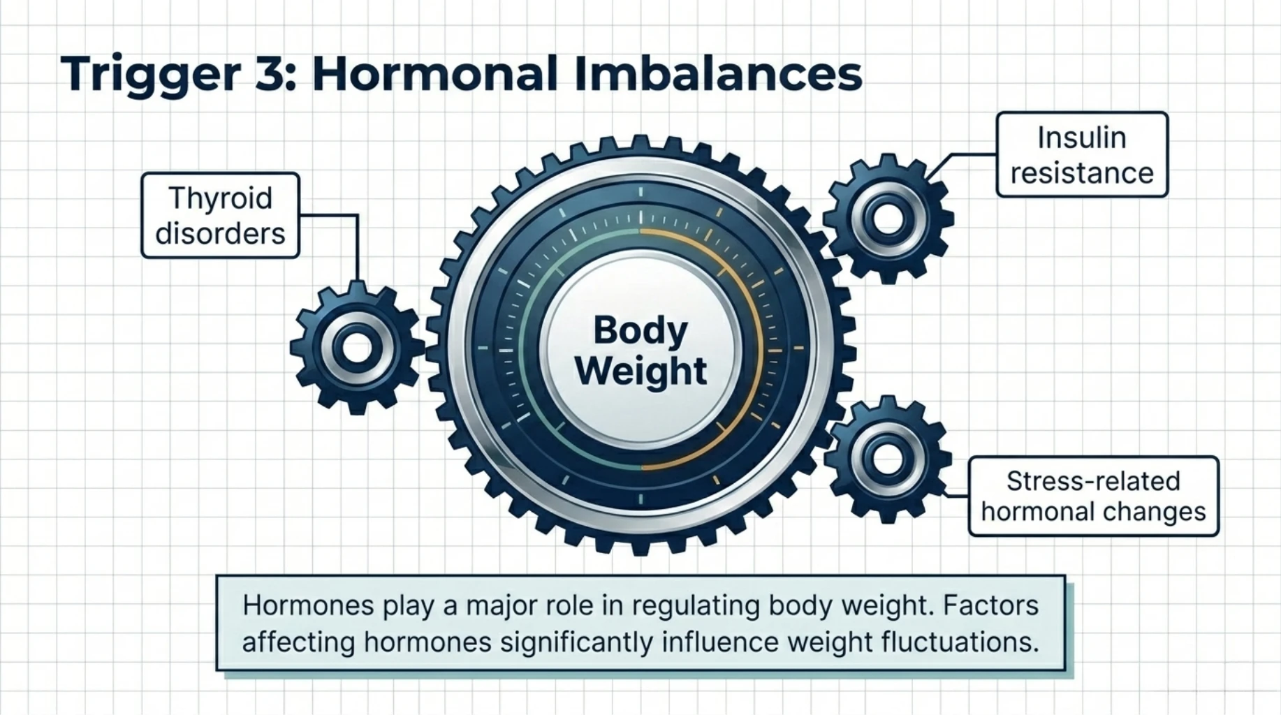 Hormonal imbalance including thyroid issues and insulin resistance affecting body weight changes