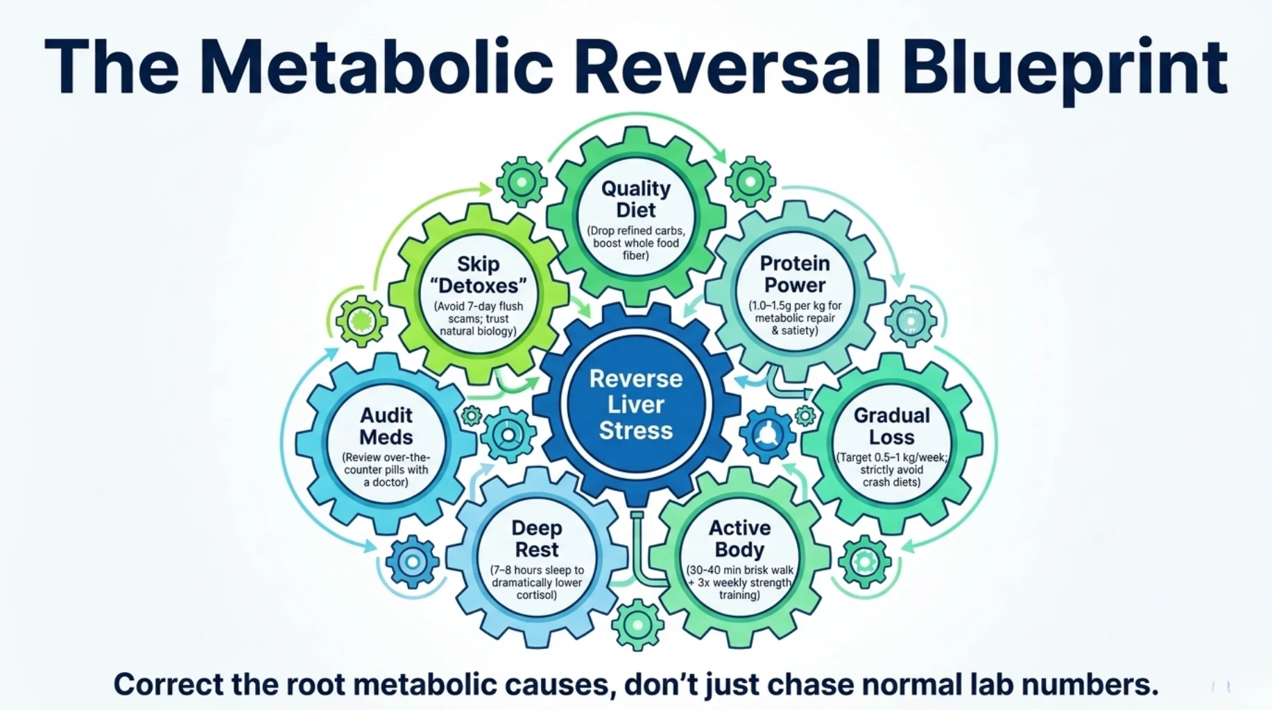 Metabolic reversal blueprint including diet, sleep, activity, and stress control to improve liver health