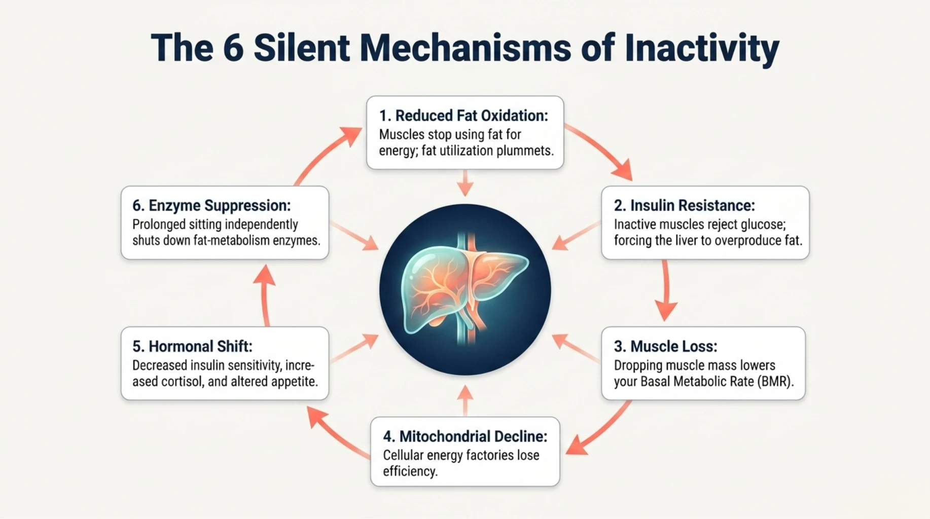 Six mechanisms of inactivity including insulin resistance, muscle loss, and reduced fat burning causing fatty liver