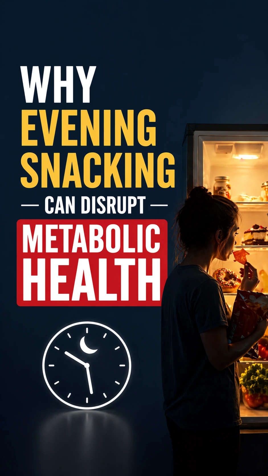 Evening snacking impact on metabolism showing circadian rhythm disruption and digestive timing imbalance