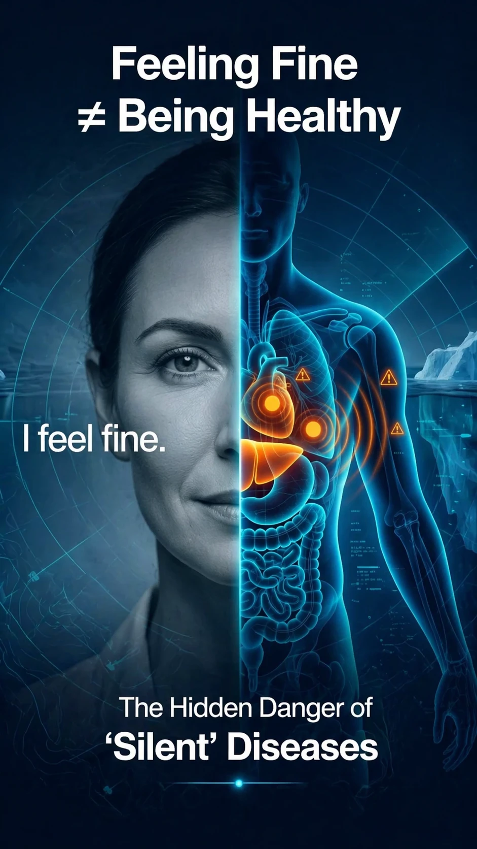 Feeling fine versus being healthy illustration showing hidden internal disease despite no visible symptoms