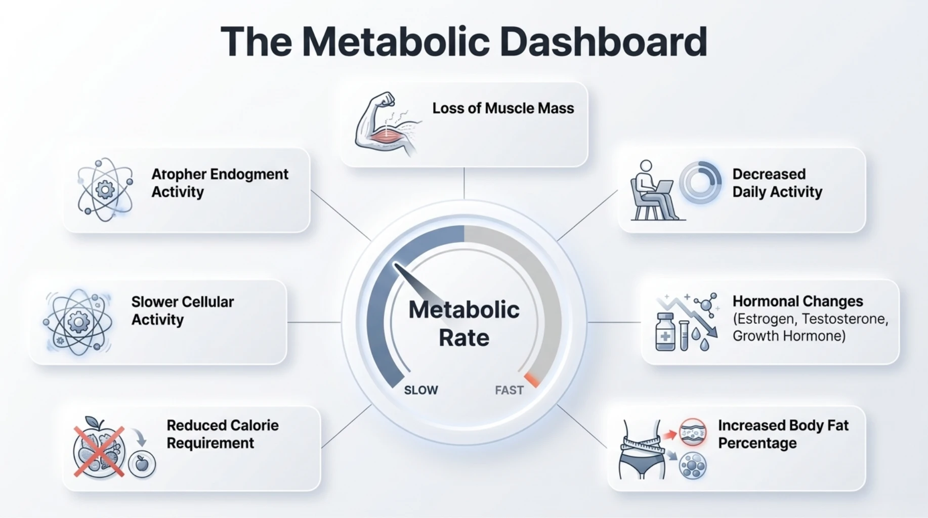 Metabolic dashboard showing factors like muscle loss, low activity, hormonal changes, and increased body fat