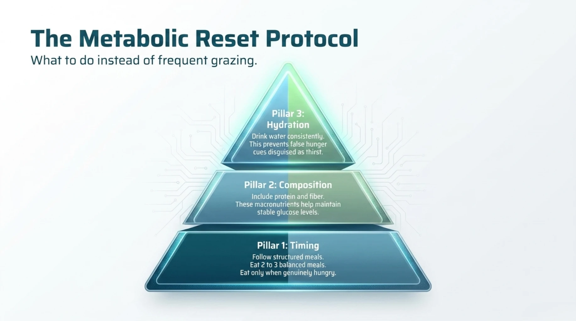 Metabolic reset protocol focusing on meal timing, protein intake, and hydration for stable blood sugar