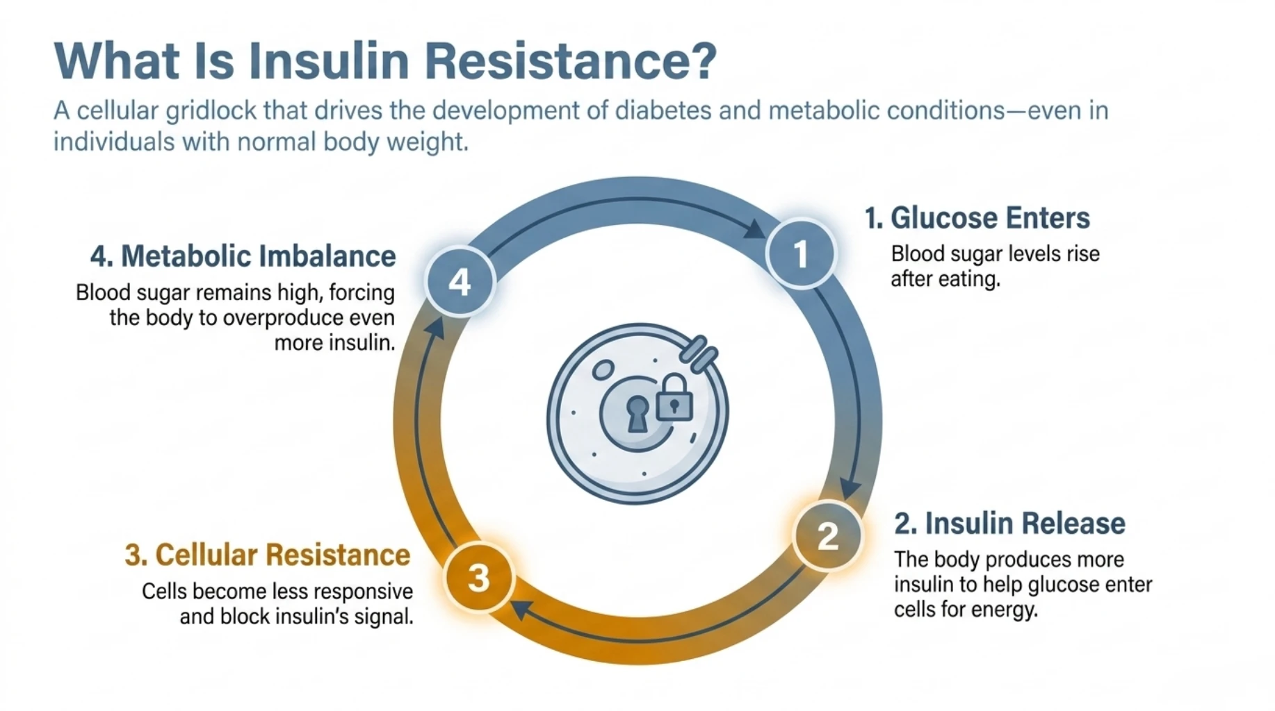 Insulin resistance cycle showing glucose rise, excess insulin release, cellular resistance, and metabolic imbalance