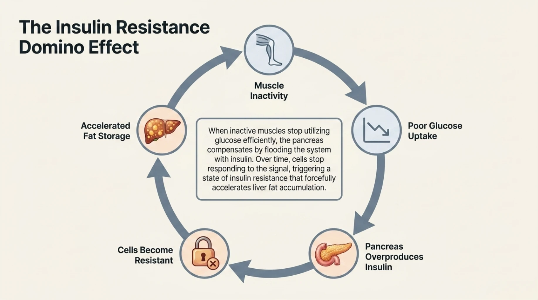 Insulin resistance domino effect showing muscle inactivity, poor glucose uptake, and accelerated fatty liver progression