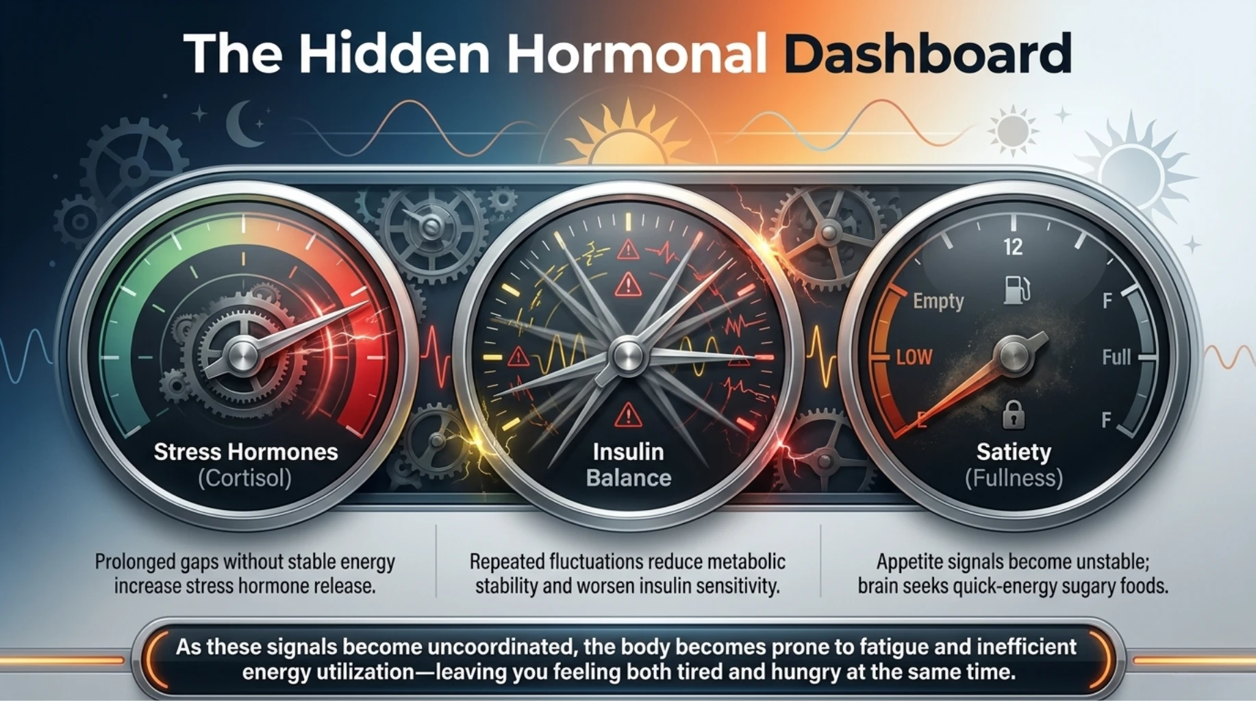 Hormonal dashboard showing interaction between cortisol, insulin balance, hunger signals, and metabolic fatigue