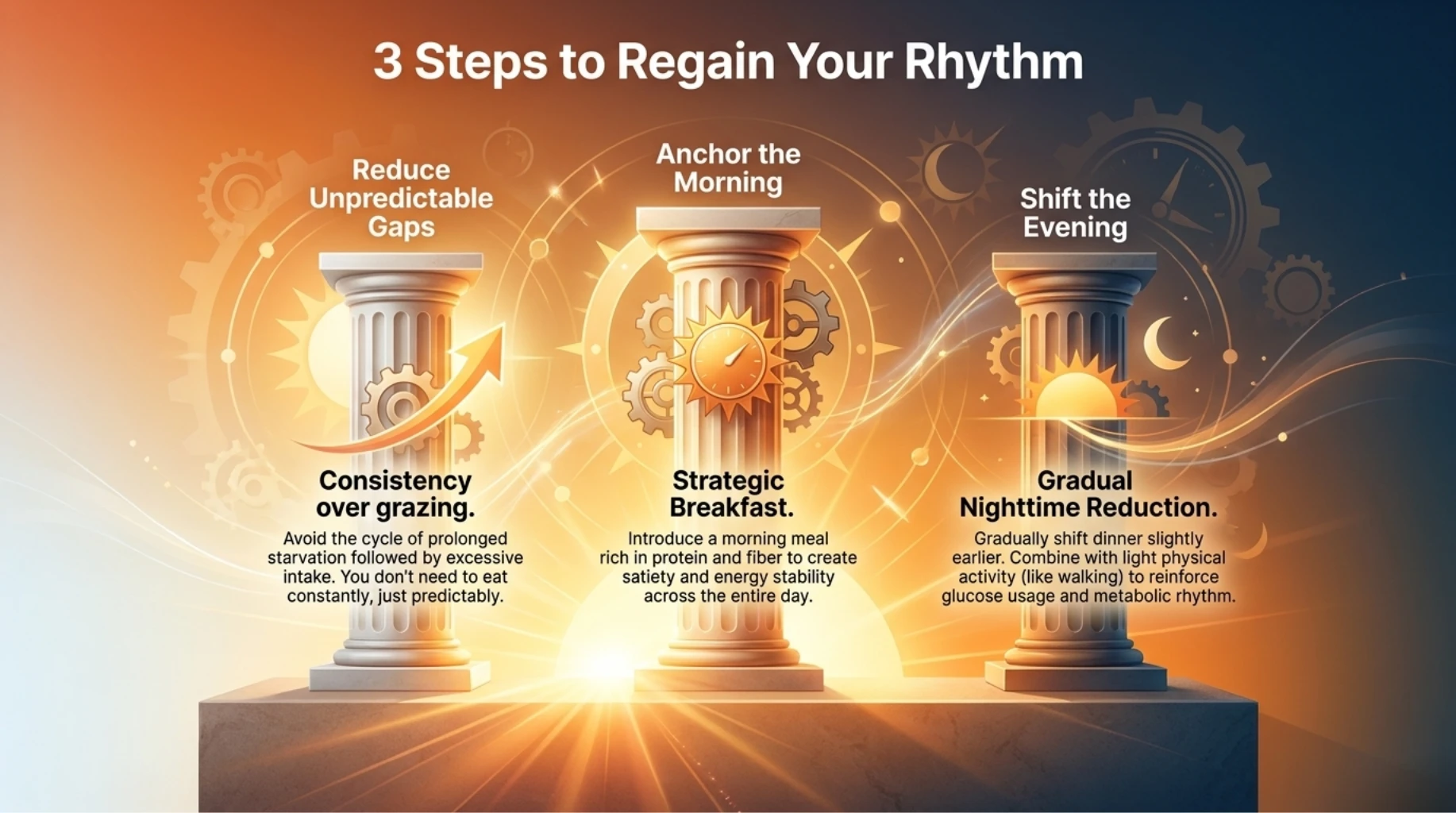 Three-step meal timing rhythm reset using consistent eating patterns, strategic breakfast, and earlier dinners