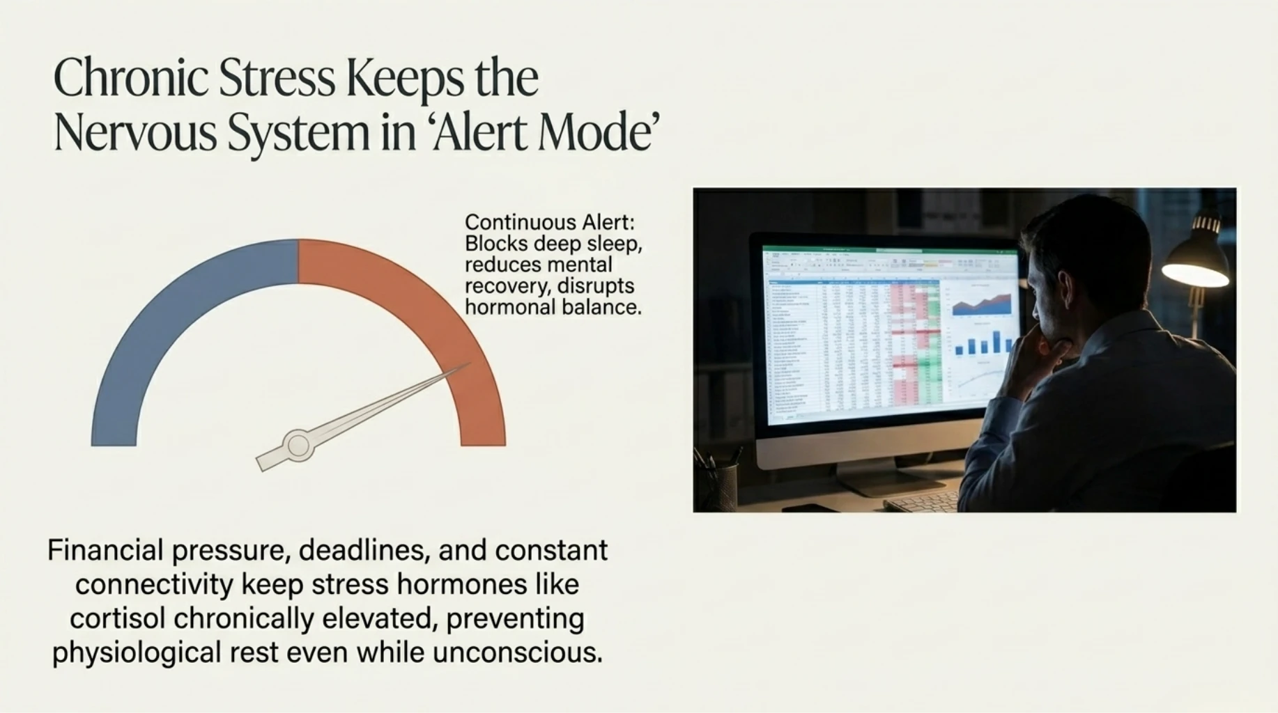 Chronic workplace stress keeping the nervous system in alert mode and preventing deep biological recovery