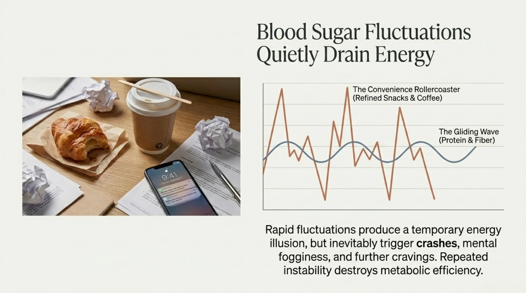 Refined snacks and coffee causing rapid blood sugar fluctuations, energy crashes, and mental fogginess