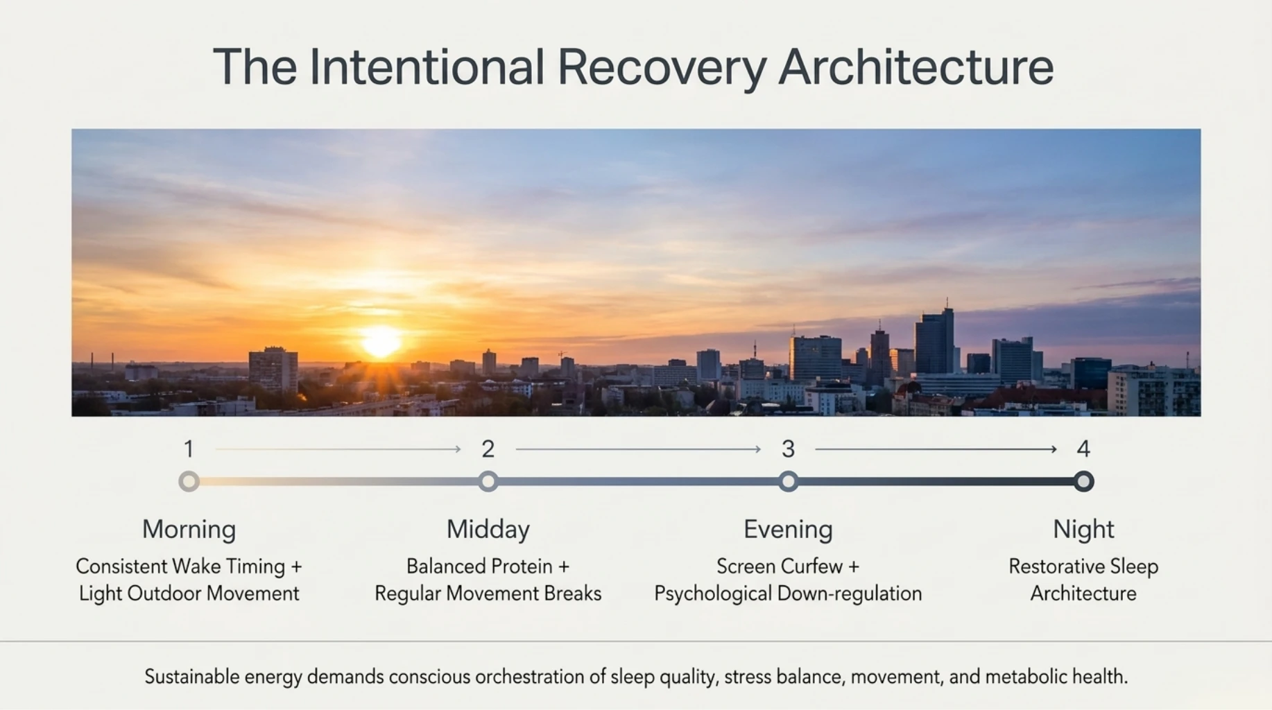 Intentional recovery blueprint combining morning light, movement, protein intake, screen curfew, and restorative sleep