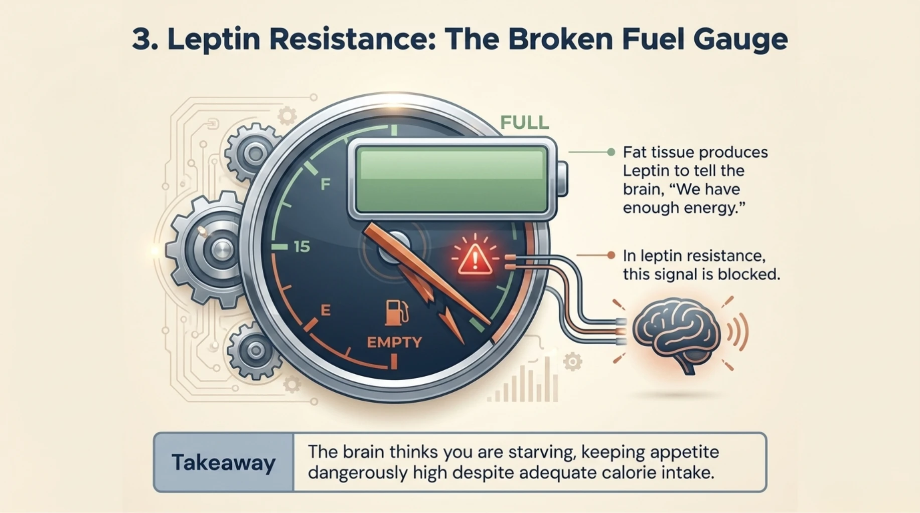 Leptin resistance acting like a broken fuel gauge causing persistent hunger despite adequate calorie intake