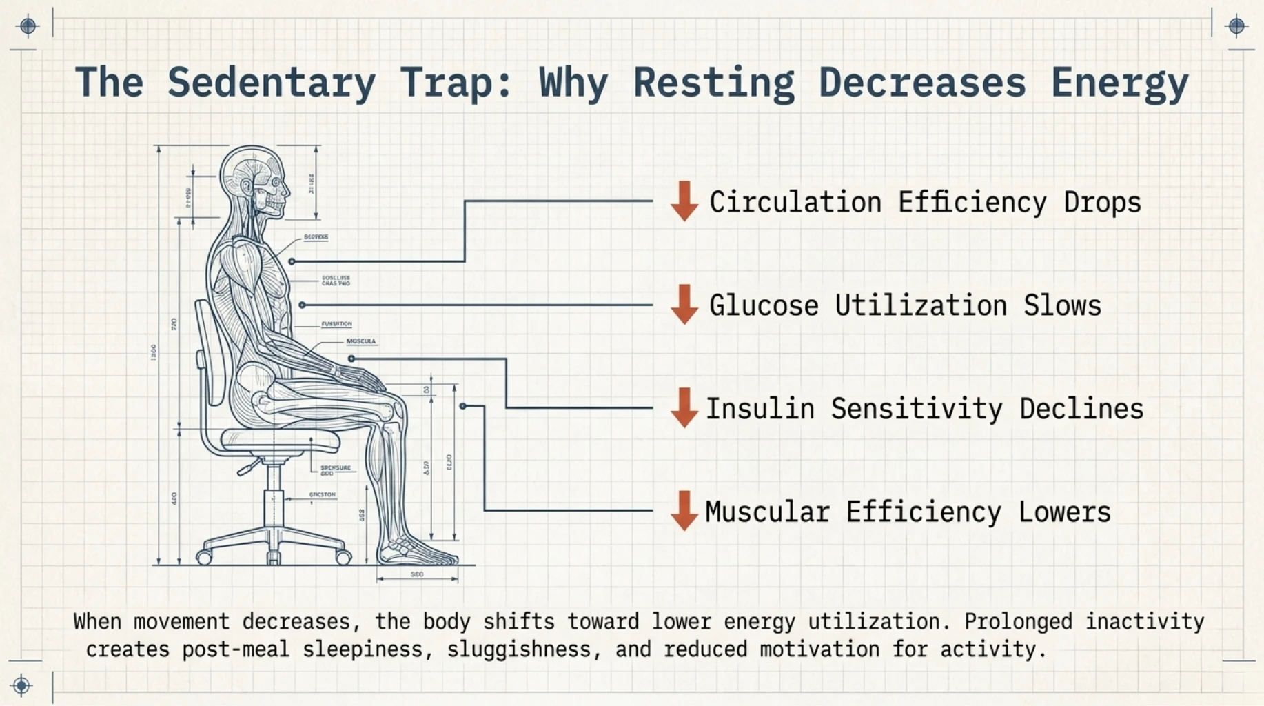 Prolonged sitting reducing circulation, insulin sensitivity, glucose utilization, and overall metabolic energy production