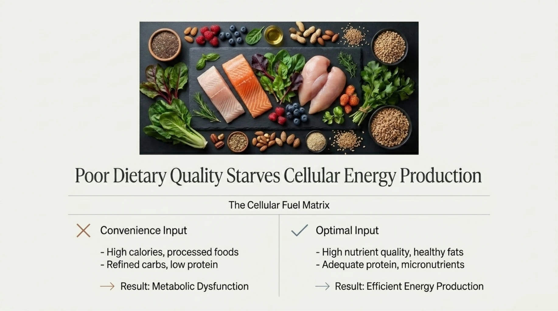 Poor dietary quality and processed foods reducing cellular energy production and metabolic efficiency