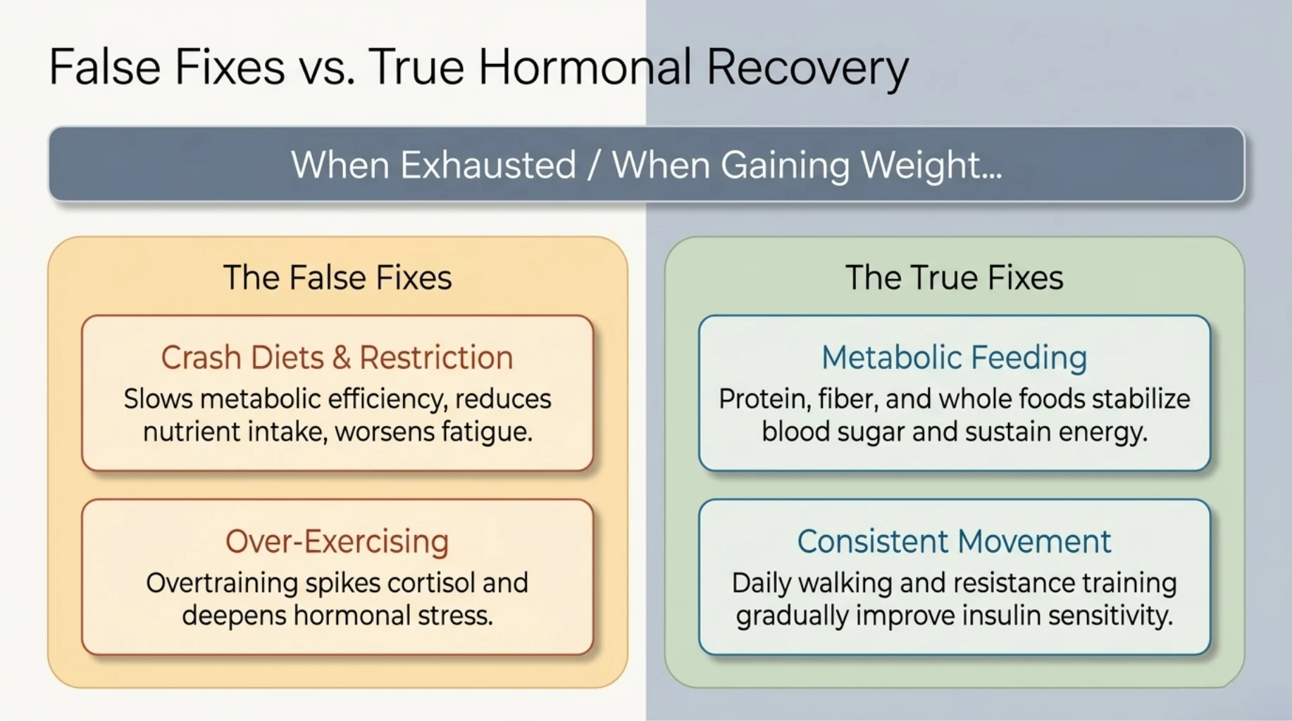 True hormonal recovery through protein intake and consistent movement compared with crash diets and over-exercising