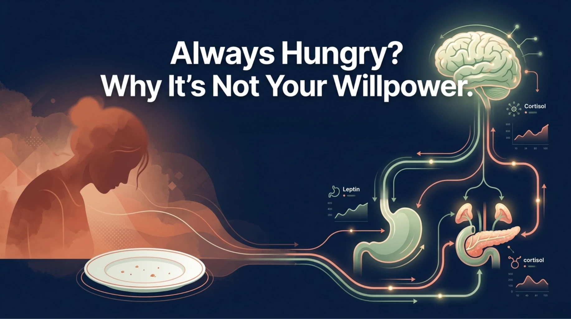 Hormonal appetite regulation imbalance causing constant hunger and frequent snacking despite eating enough
