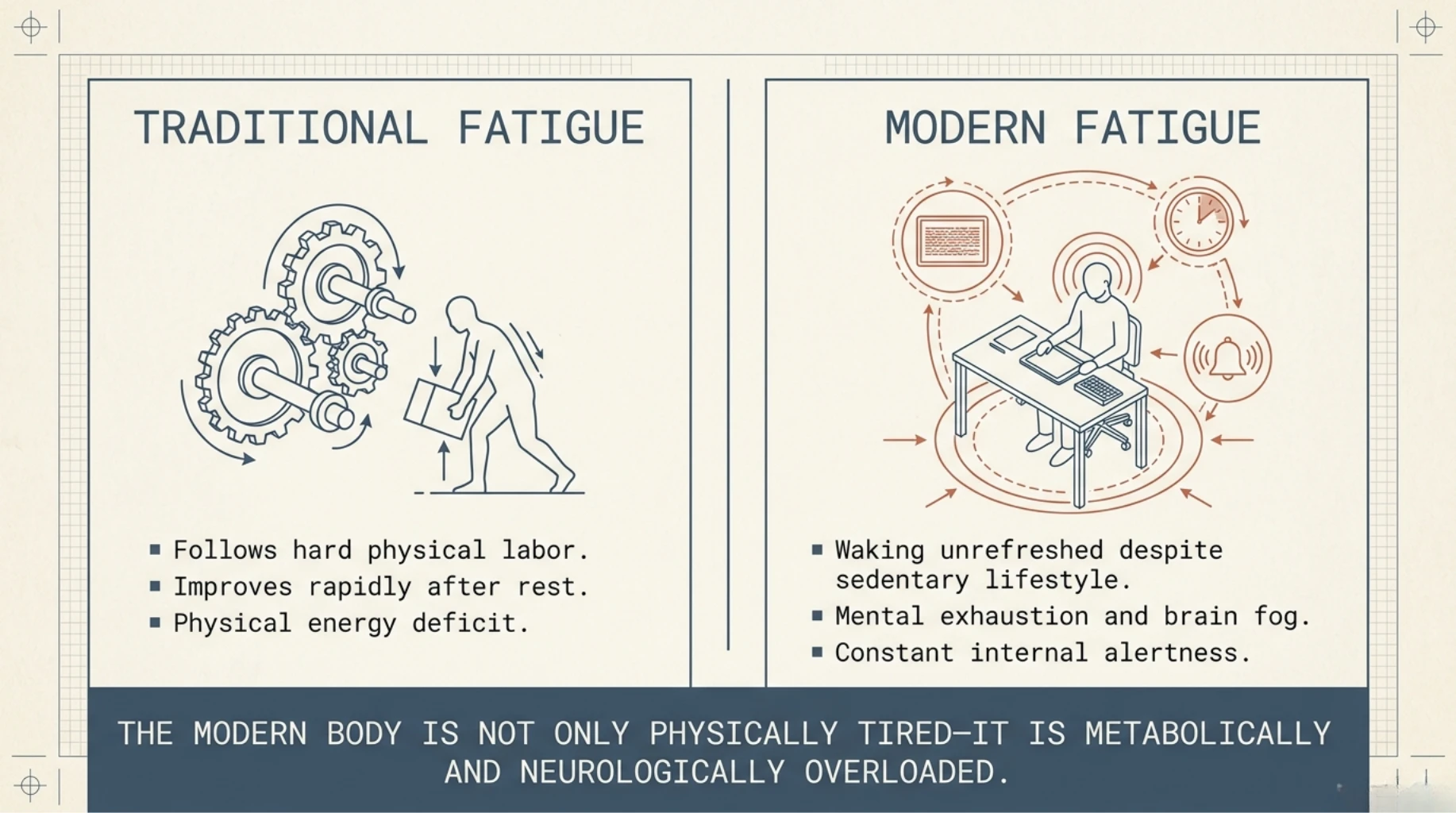 Modern fatigue driven by metabolic and neurological overload causing brain fog, poor recovery, and persistent exhaustion