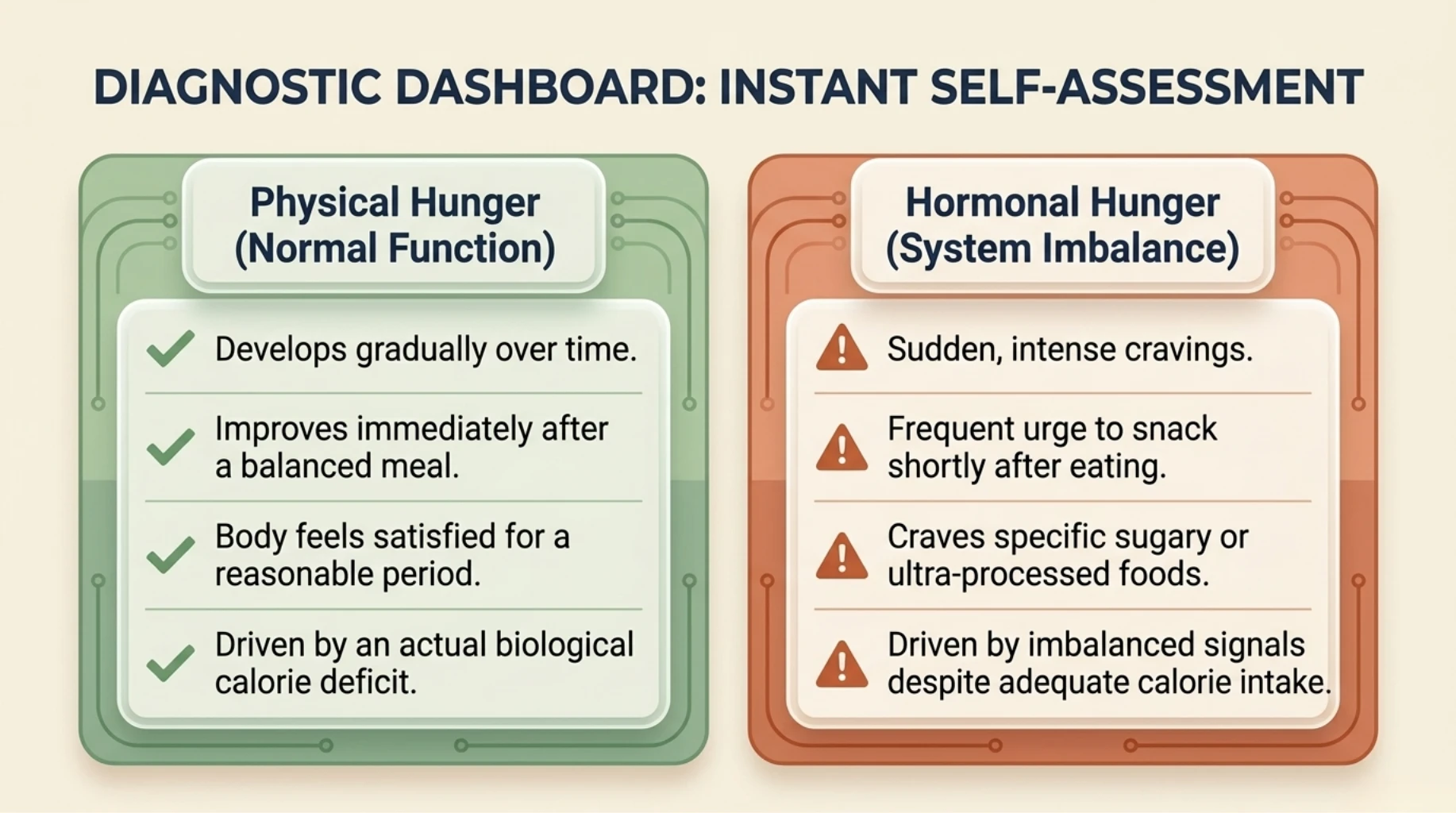 Comparison between physical hunger and hormonal hunger showing cravings, frequent snacking, and appetite imbalance