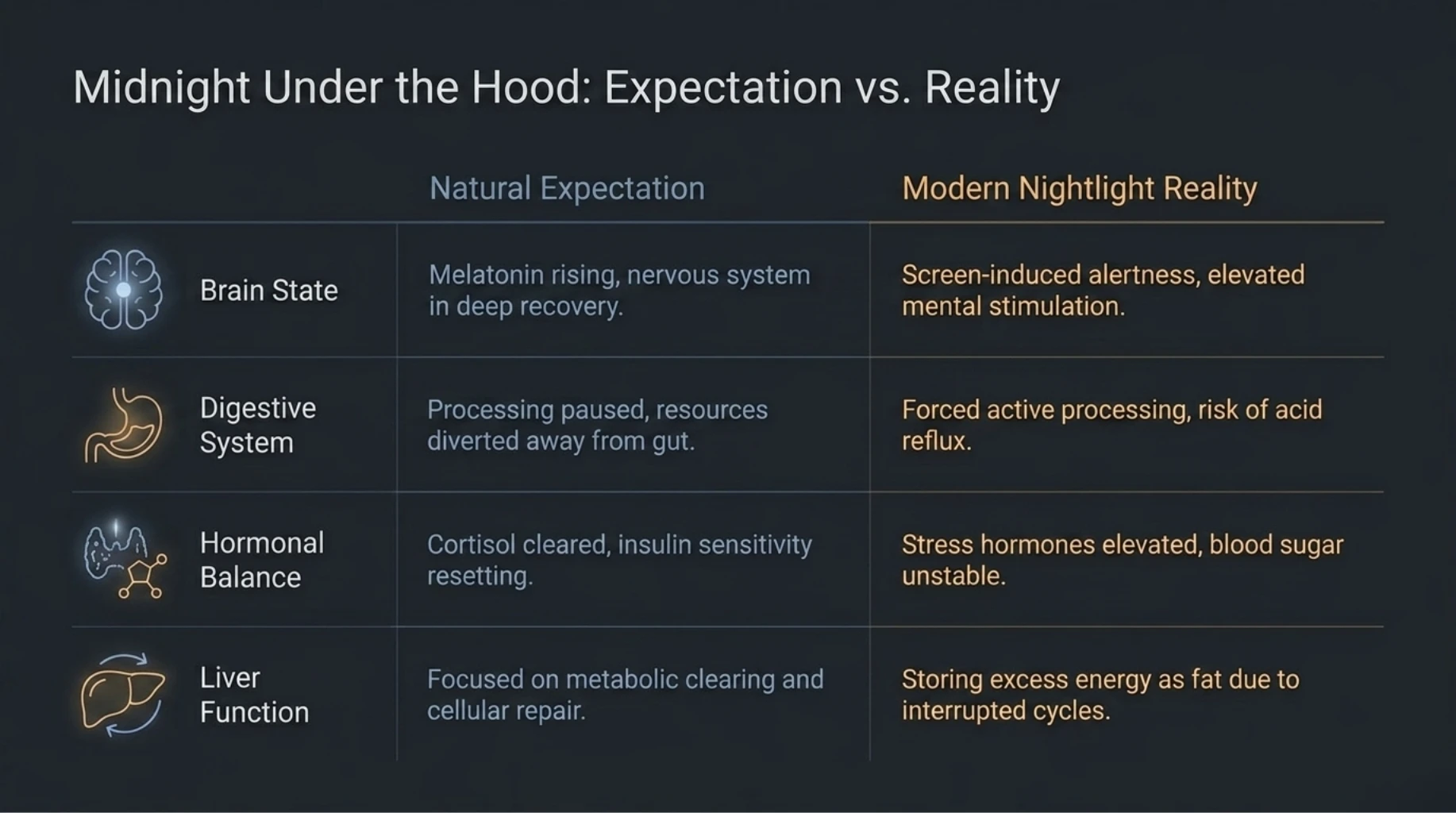 Modern night lifestyle disrupting melatonin, digestion, cortisol balance, and liver recovery during nighttime