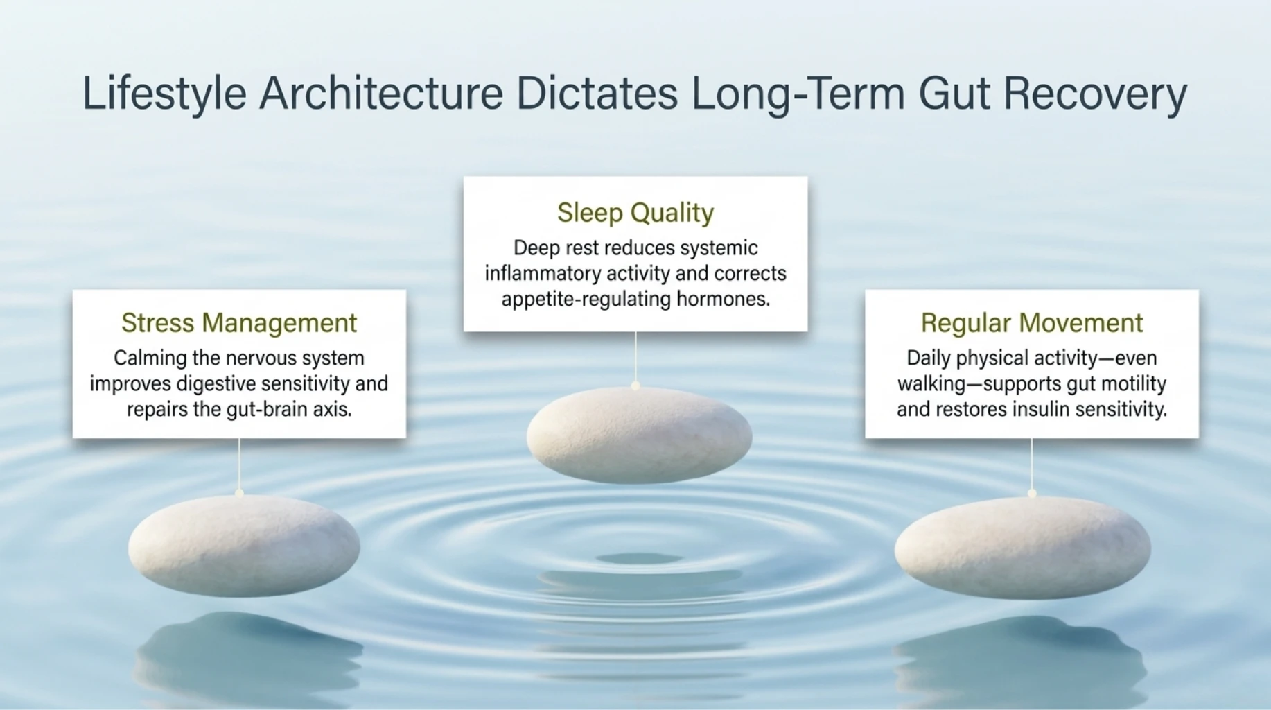 Lifestyle foundations for long-term gut recovery including quality sleep, regular movement, and stress reduction