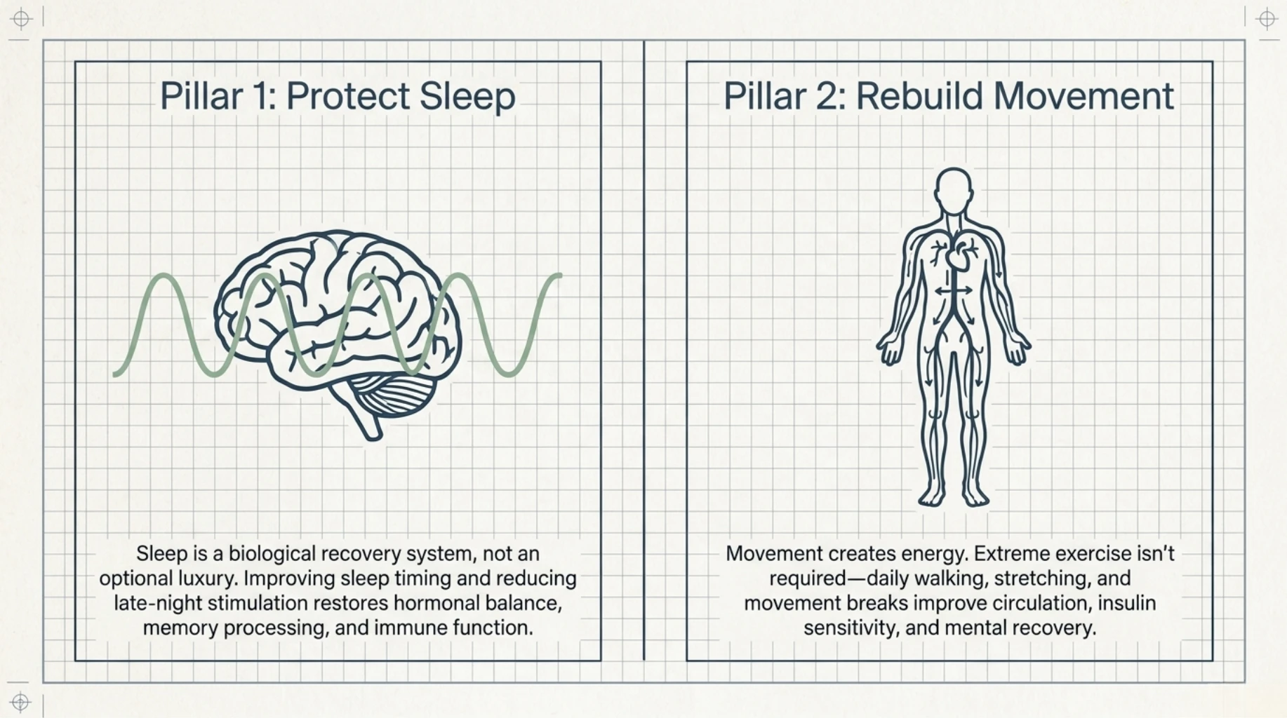 Sleep restoration and regular movement serving as foundational pillars for metabolic recovery and energy improvement