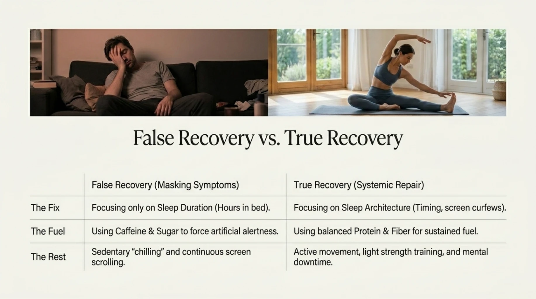 True recovery approach using sleep architecture, movement, and balanced nutrition compared with symptom masking habits