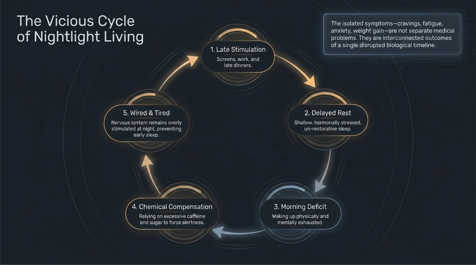 Nightlife fatigue cycle showing screens, shallow sleep, caffeine dependence, and chronic exhaustion loop