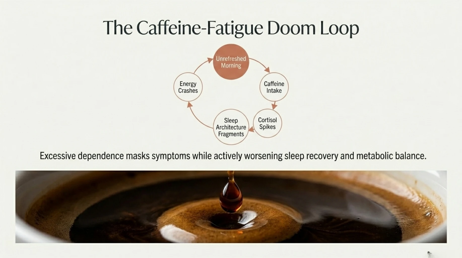 Caffeine dependence worsening sleep fragmentation, cortisol spikes, and long-term metabolic fatigue recovery