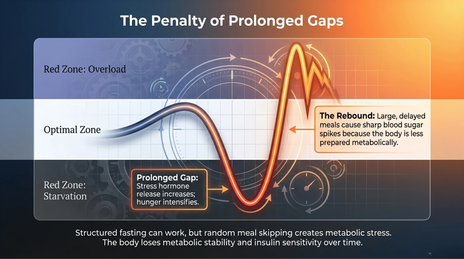 Long gaps between meals increasing stress hormones, blood sugar instability, and rebound overeating