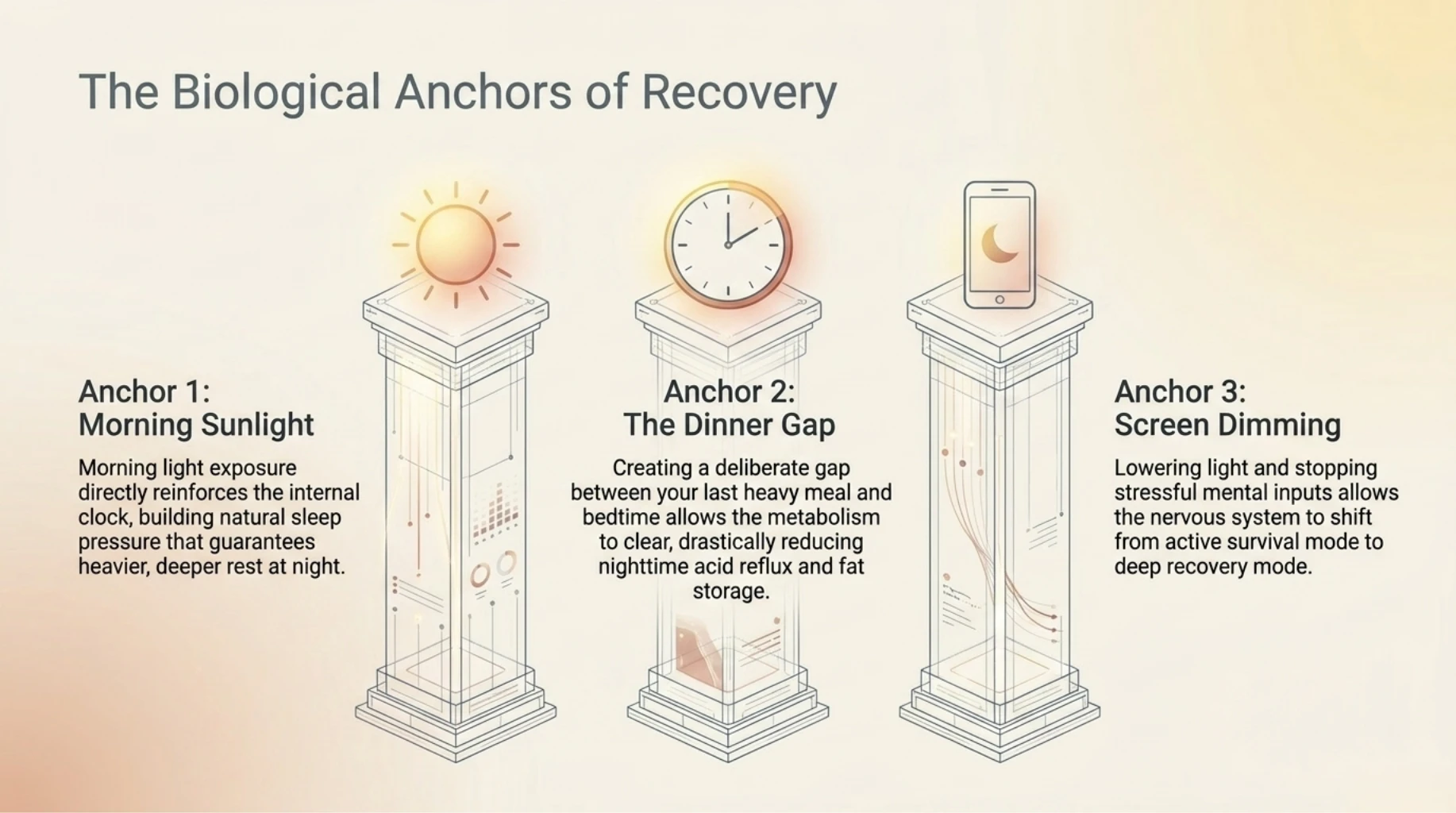 Morning sunlight, dinner gap, and screen dimming helping restore circadian rhythm and metabolic recovery
