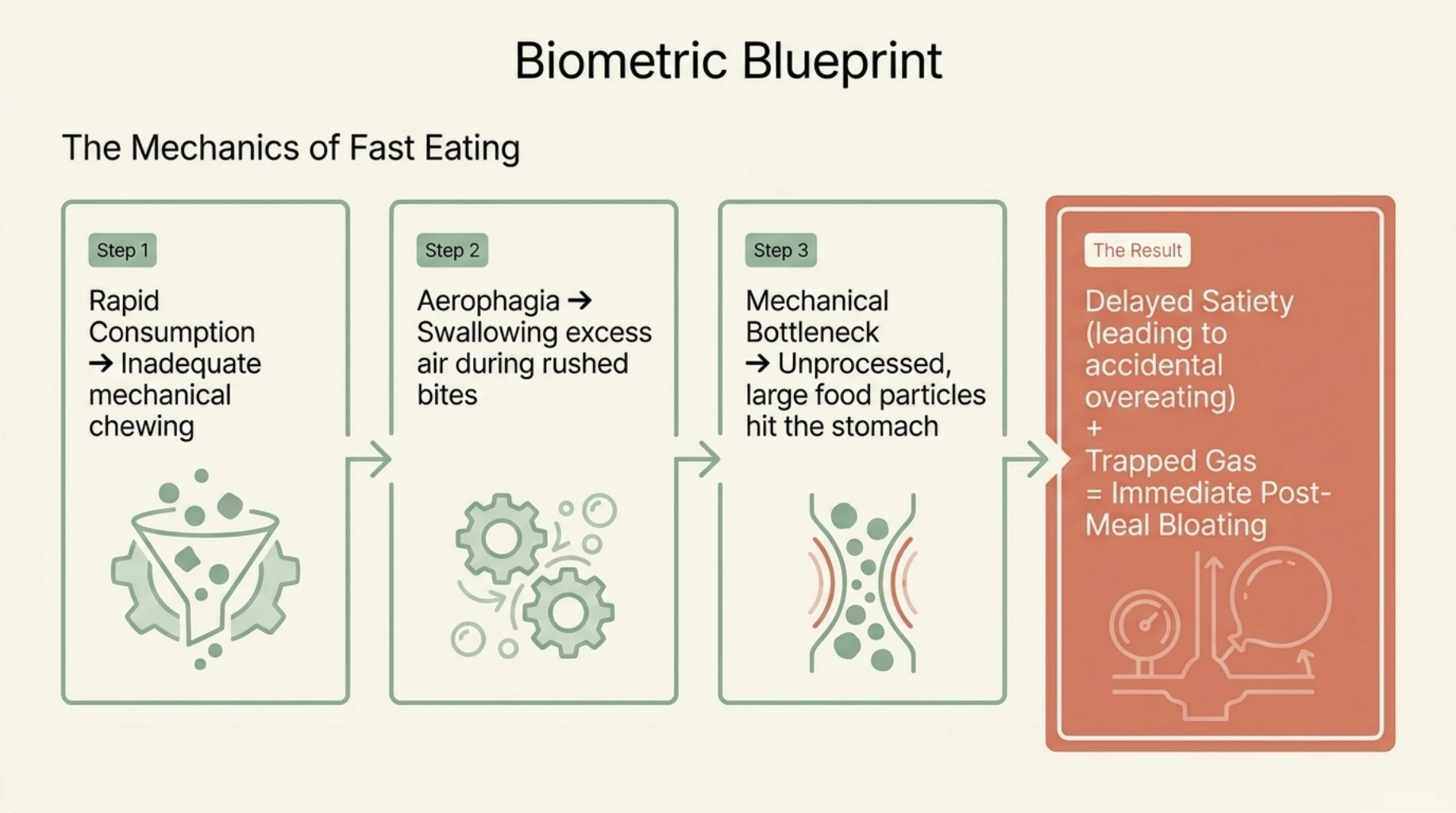 Fast eating and poor chewing causing trapped gas, delayed satiety, overeating, and post-meal bloating