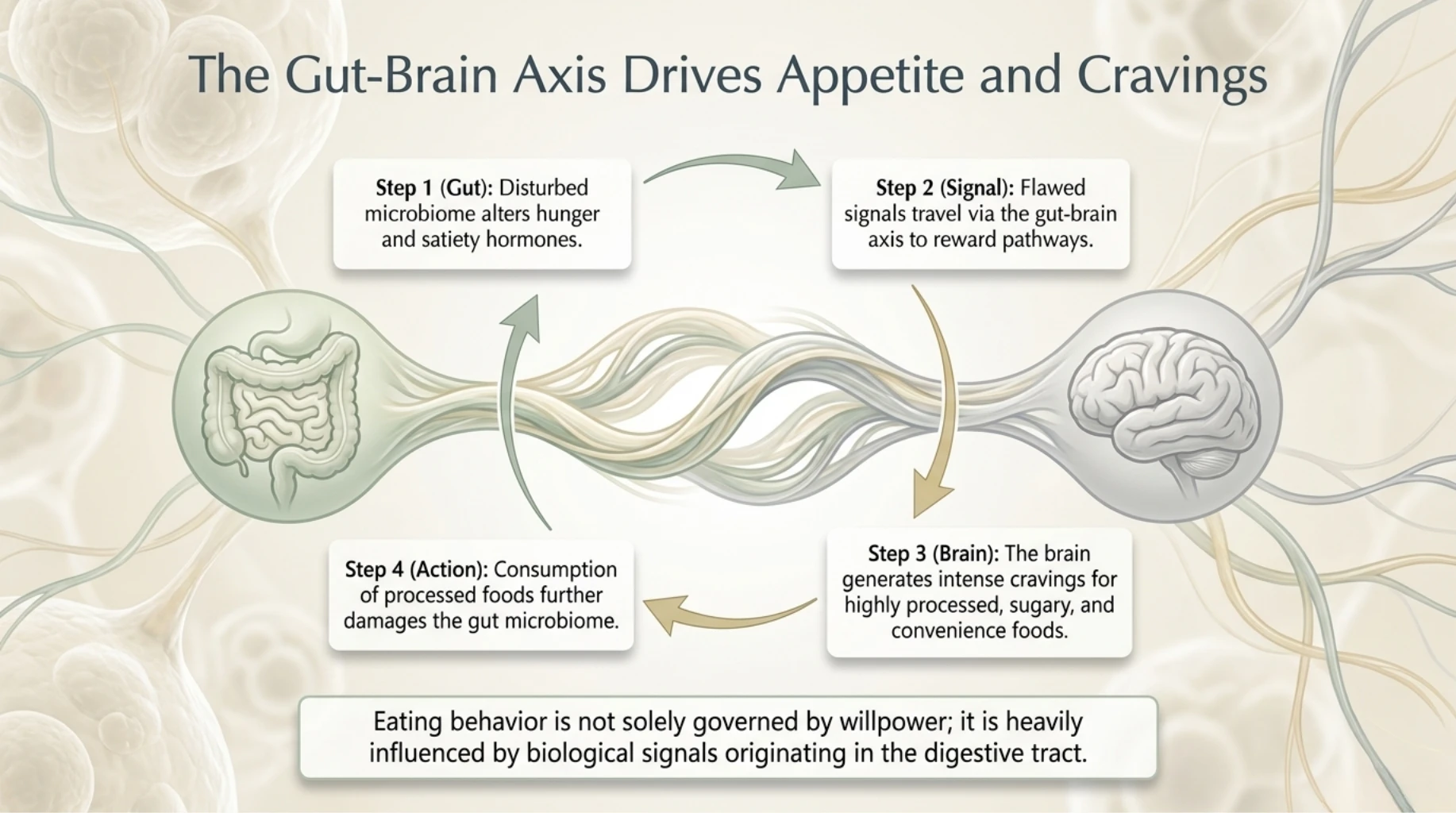 Gut-brain axis influencing appetite regulation, food cravings, satiety signals, and processed food consumption patterns