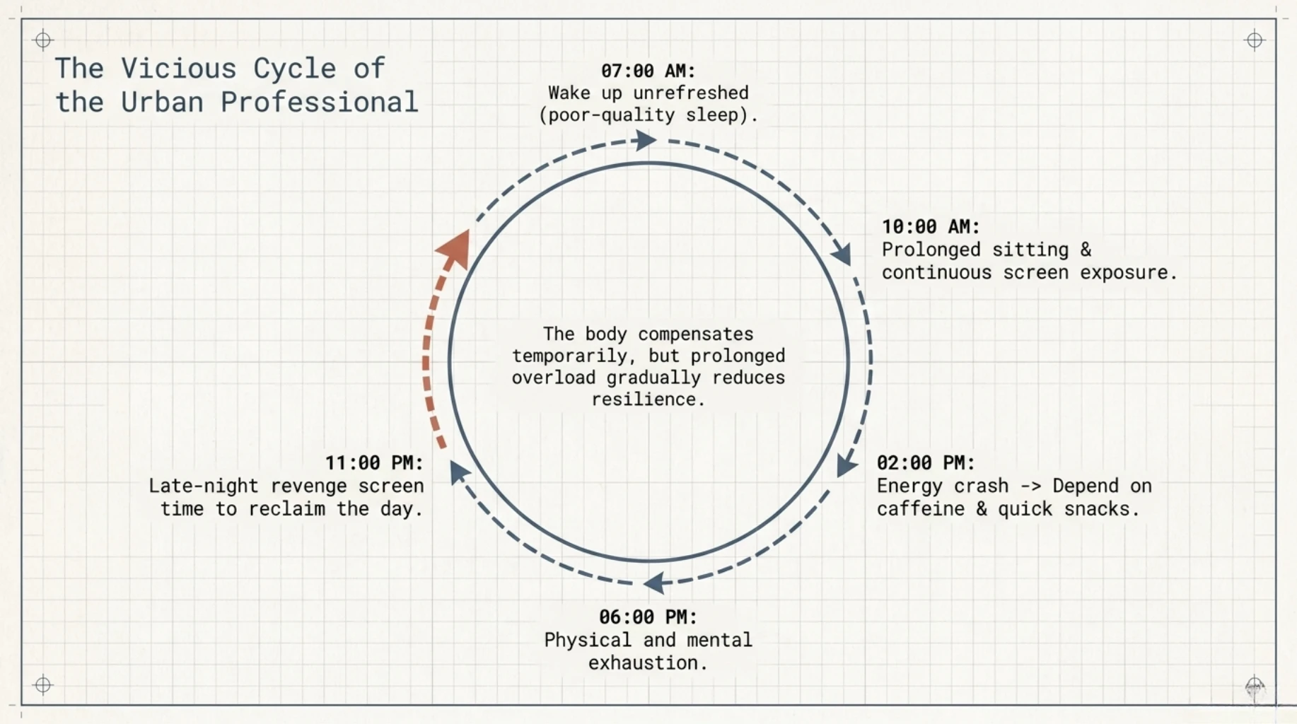 Urban professional fatigue cycle linking poor sleep, prolonged sitting, caffeine dependence, and chronic exhaustion