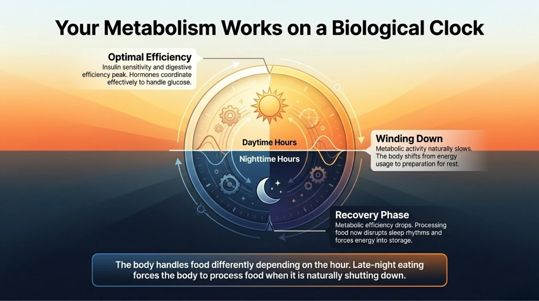Body biological clock affecting metabolism differently during daytime eating and nighttime recovery phases
