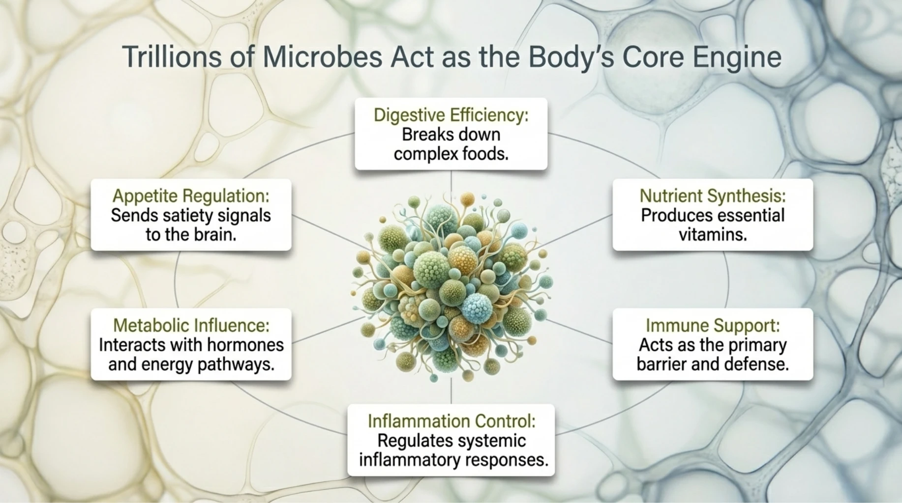 Gut microbiome acting as a metabolic control engine influencing digestion, immunity, appetite regulation, and inflammation balance