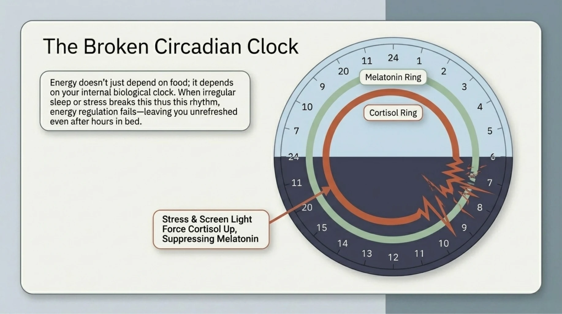 Broken circadian rhythm from stress and screen exposure disrupting melatonin and sleep quality
