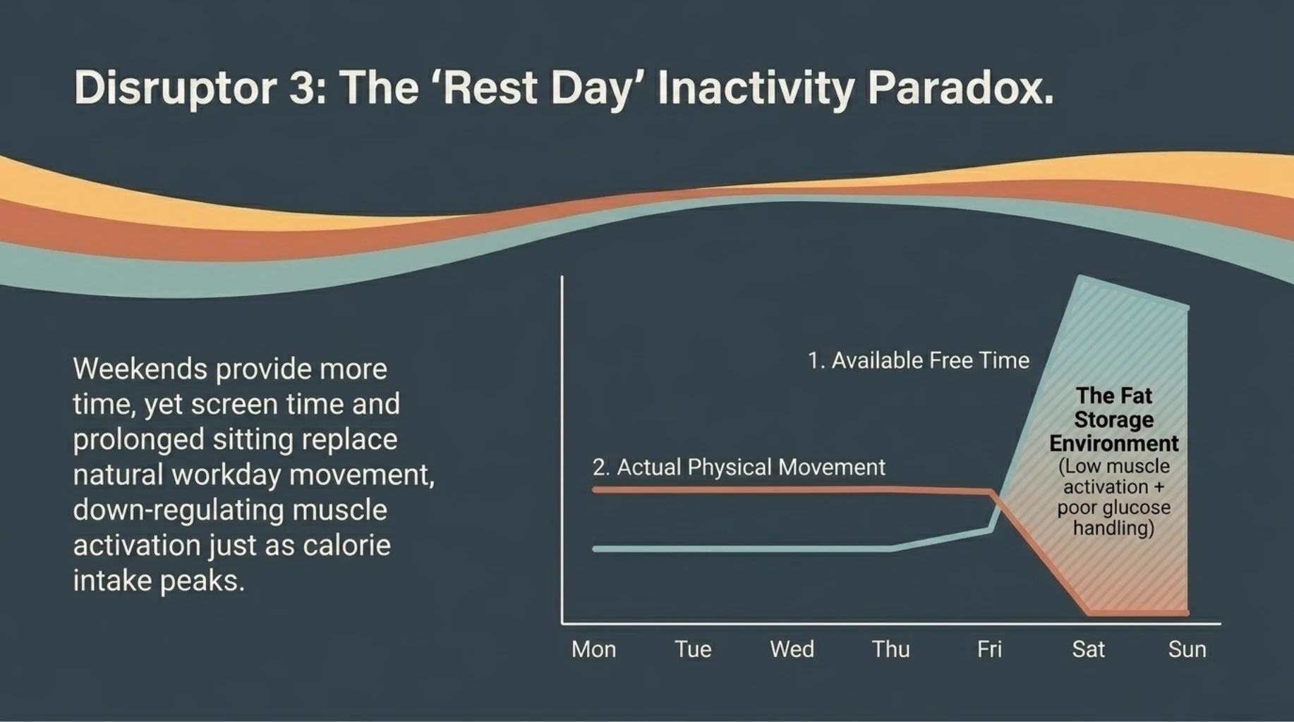 Cycle diagram showing how weekend indulgence, social jet lag, and strict weekday restriction contribute to Monday fatigue, cravings, and low energy.