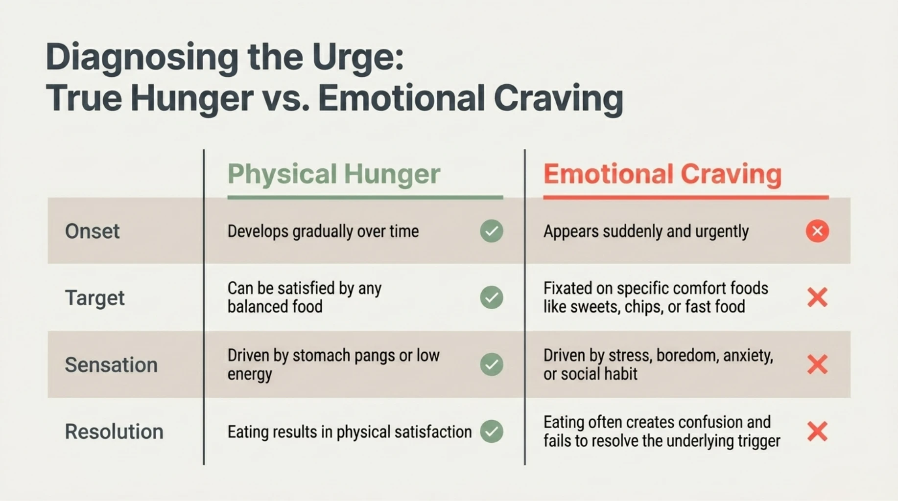 Comparison between physical hunger and emotional cravings based on onset, triggers, food choices, and satisfaction
