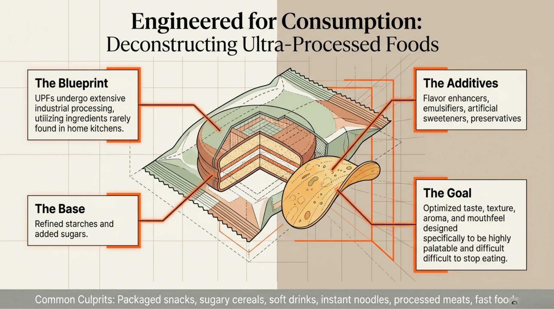Ultra-processed foods engineered with refined starches, sugars, additives, and flavor enhancers to increase food intake
