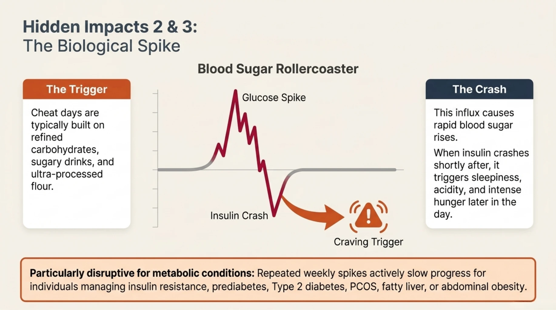 Blood sugar rollercoaster after cheat days, showing glucose spikes, insulin crashes, cravings, and metabolic effects of ultra-processed foods.