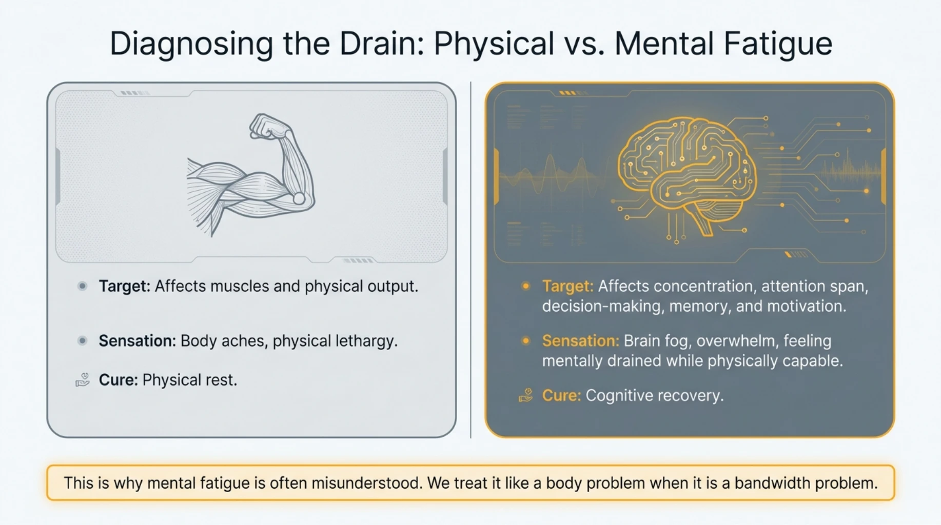 Comparison between mental fatigue and physical fatigue showing differences in symptoms, performance, and recovery needs