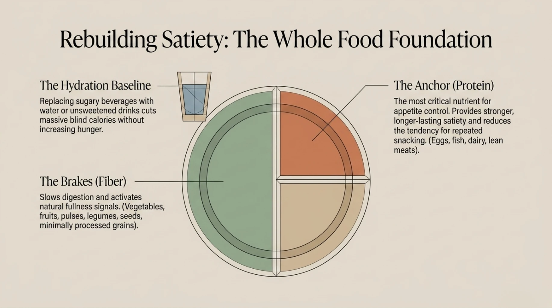 Protein, fiber, hydration, and minimally processed foods forming the foundation of long-lasting appetite control