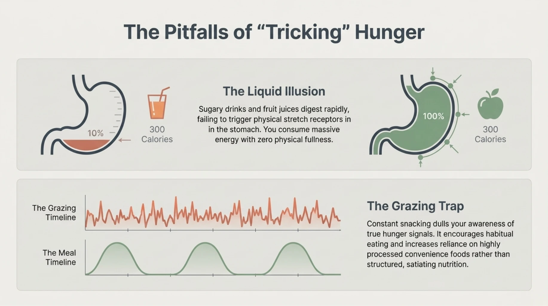 Frequent snacking and sugary drinks disrupting natural hunger signals and reducing long-term satiety