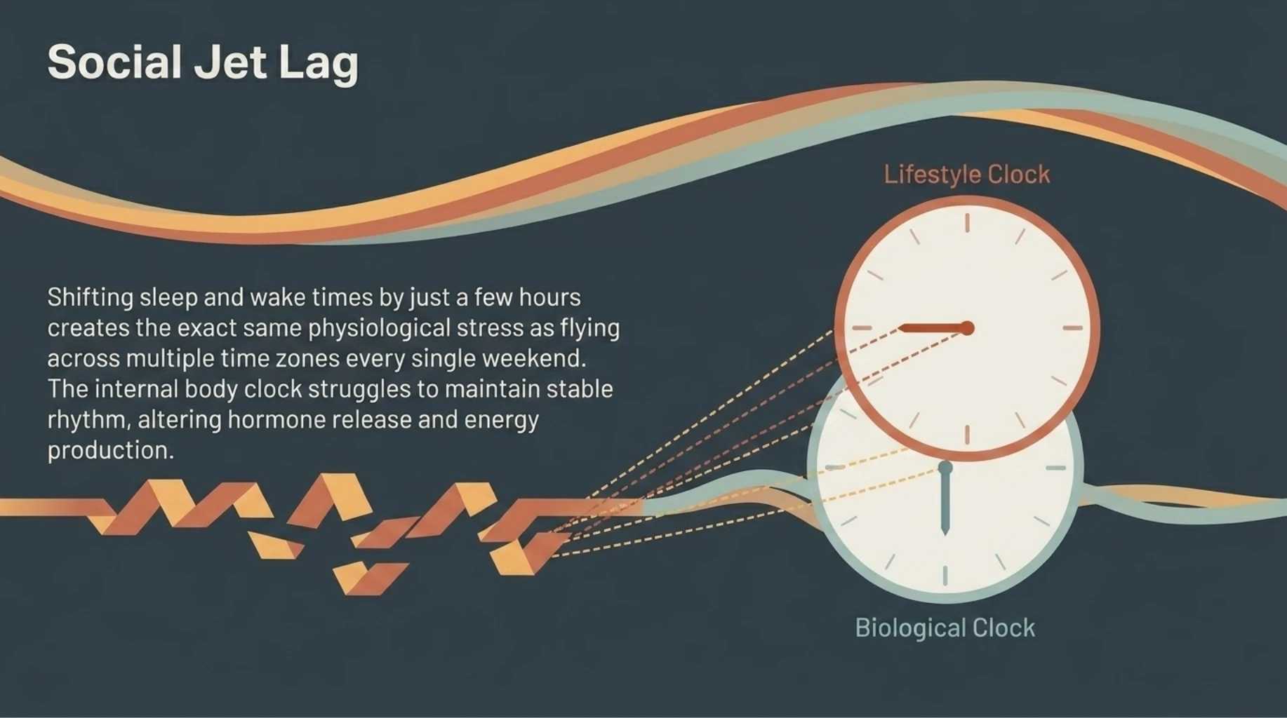 Diagram illustrating the three major weekend disruptors to metabolic health: delayed sleep, excess food and alcohol intake, and reduced physical activity.
