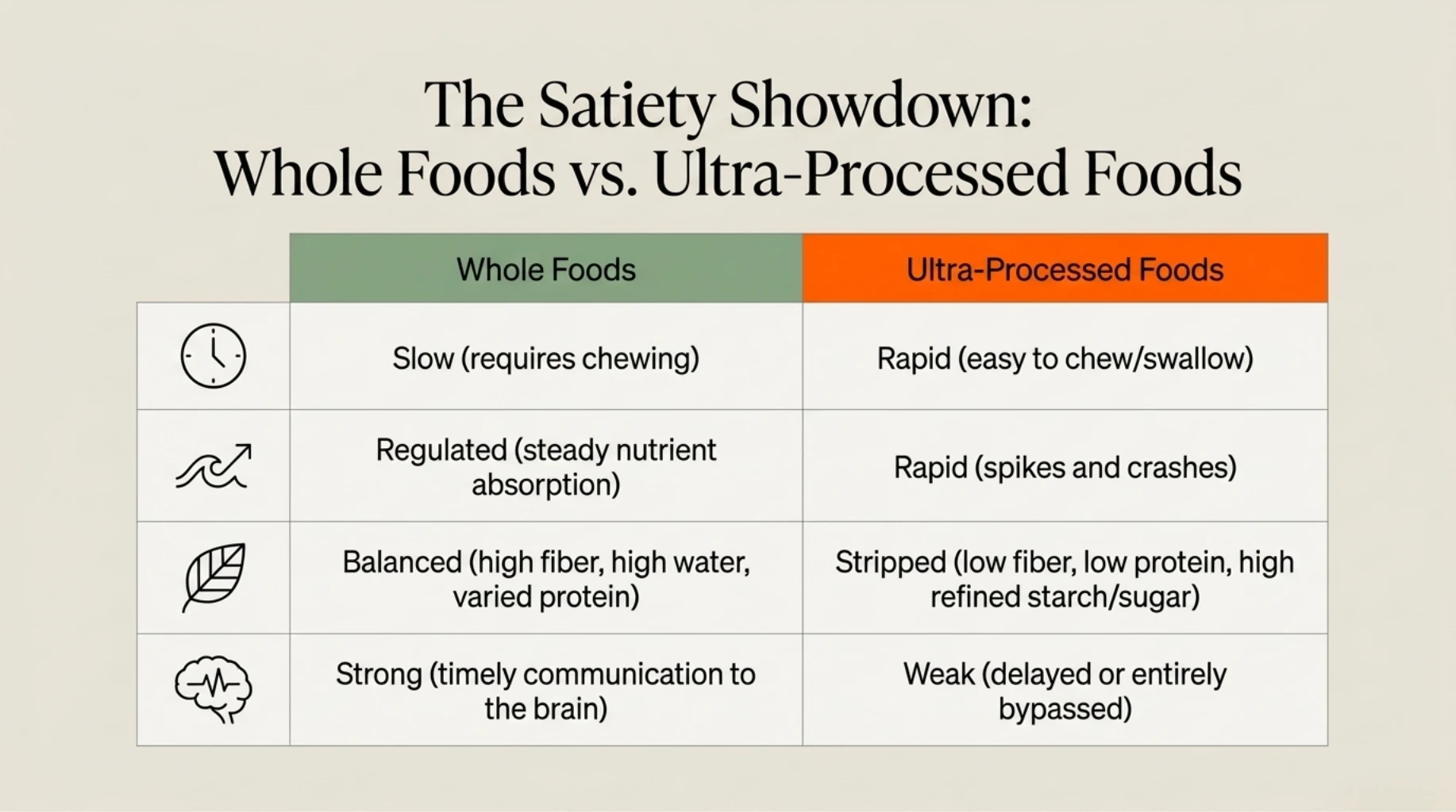 Comparison of whole foods and ultra-processed foods showing differences in satiety, digestion speed, and appetite control