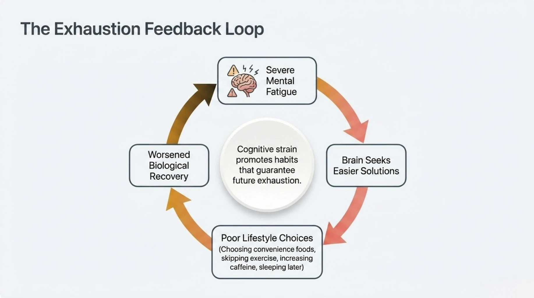 Mental exhaustion feedback loop linking fatigue, poor lifestyle choices, reduced recovery, and worsening cognitive performance