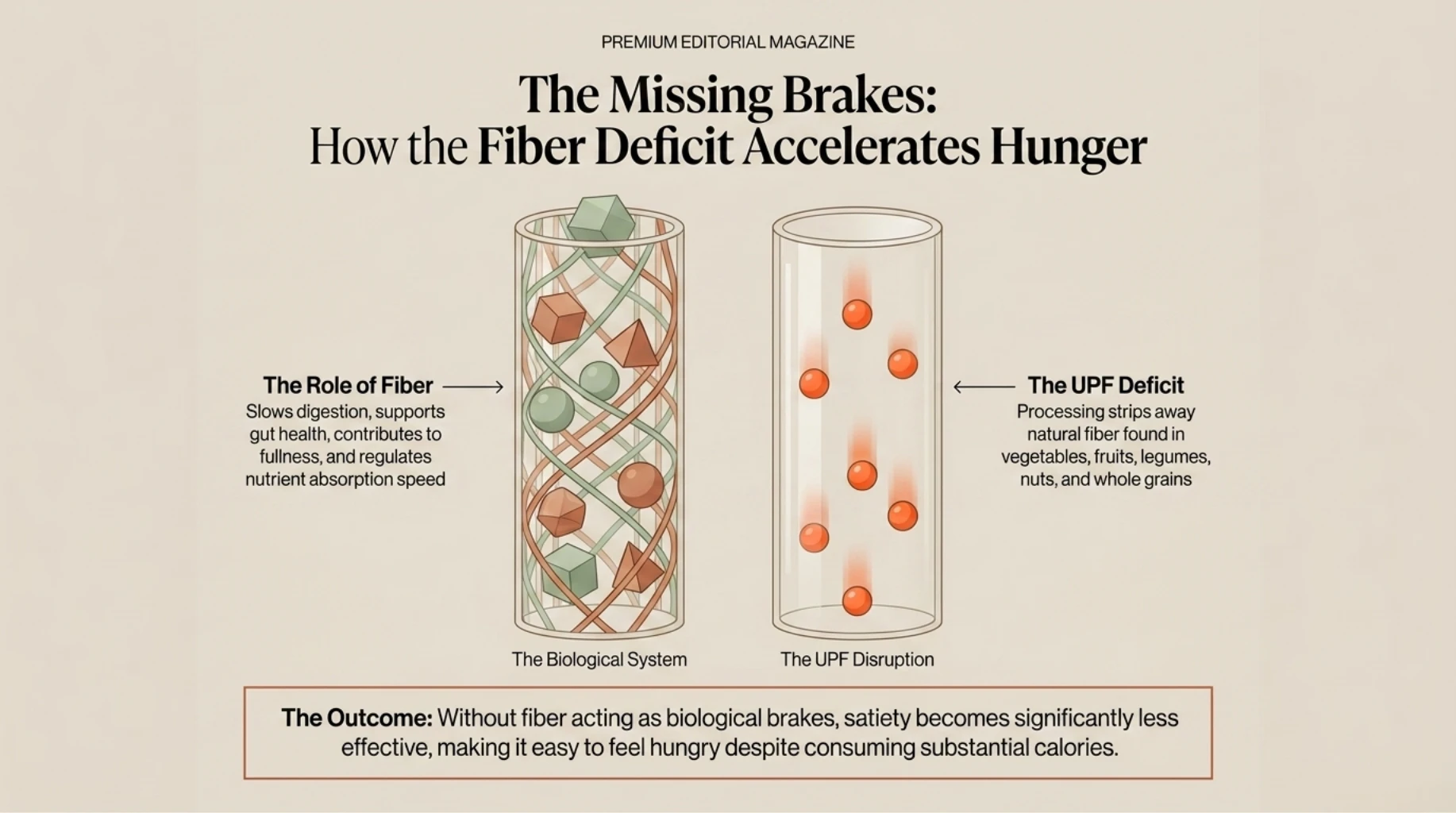 Low-fiber diets reducing fullness signals, accelerating digestion, and increasing hunger shortly after meals