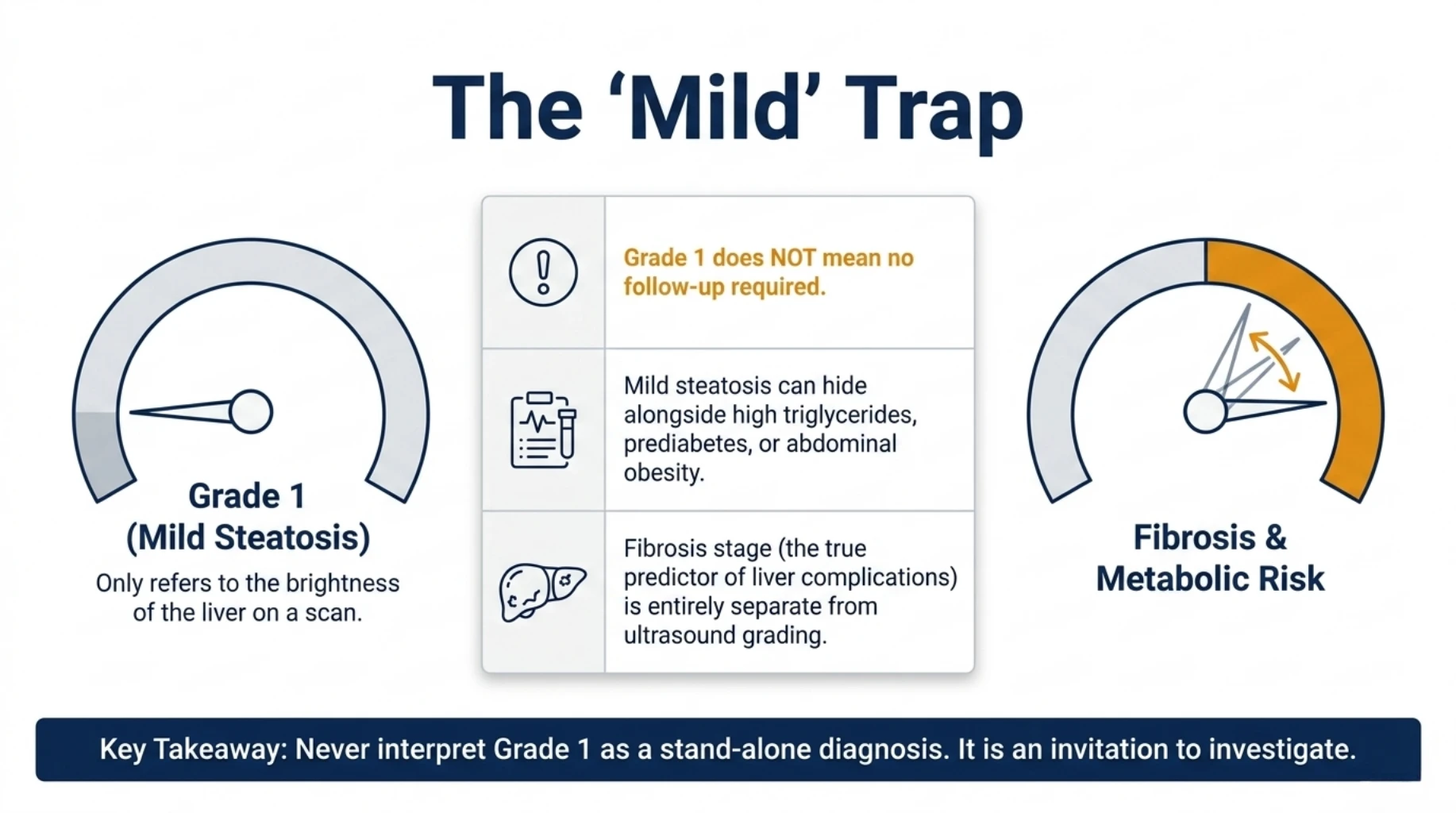 Infographic explaining why Grade 1 fatty liver on ultrasound does not rule out liver fibrosis, metabolic disease, or the need for further clinical assessment.